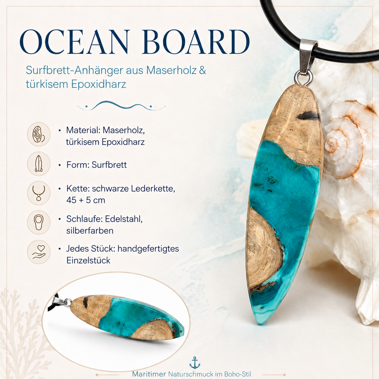 Info-Detailbild OCEAN BOARD – handgefertigter Surfbrett-Anhänger aus Maserholz und türkisem Epoxidharz, maritimer Boho Naturschmuck an schwarzer Lederkette, Unikat für Surfer und Meeresliebhaber.