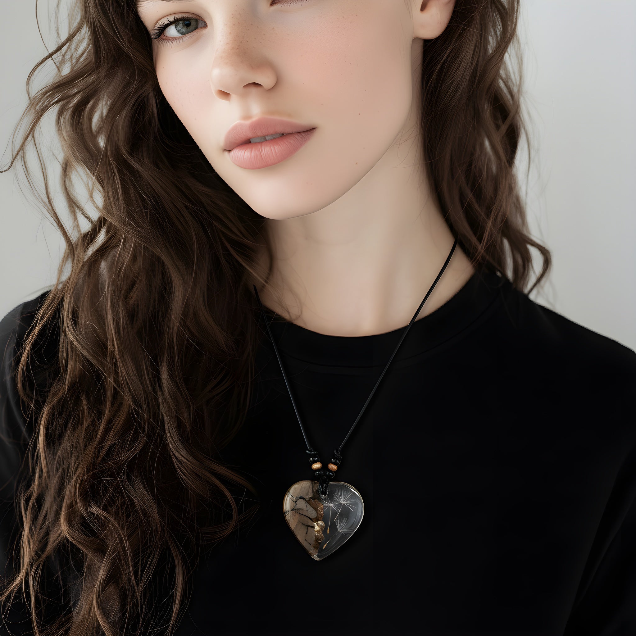 „Handgefertigter Herzanhänger aus Olivenholz und klarem Harz mit echter Pusteblume. Der Anhänger (ca. 3,5 × 3,5 cm) hängt an einem verstellbaren Lederband (23–43 cm) mit Holzperlen. Symbol für Wünsche und Glück, sorgfältig in Handarbeit gegossen, gesägt, geschliffen und poliert. Ein einzigartiger, naturinspirierter Anhänger – ideal als Geschenk oder persönlicher Talisman.“