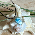 Larimar Freeform-Anhänger auf schwarzer Lederkette. Beidseitig tragbarer Trommelstein, ca. 2 x 1,8 cm groß, mit Silberöse. Der seltene, kostbare Larimar zeigt lebendige Blau- und Weißnuancen wie karibisches Lagunenwasser. Lederkette 45 cm mit Edelstahl-Karabiner und 5 cm Edelstahl-Verlängerung, fotografiert vor einer großen Muschel im maritimen Stil.