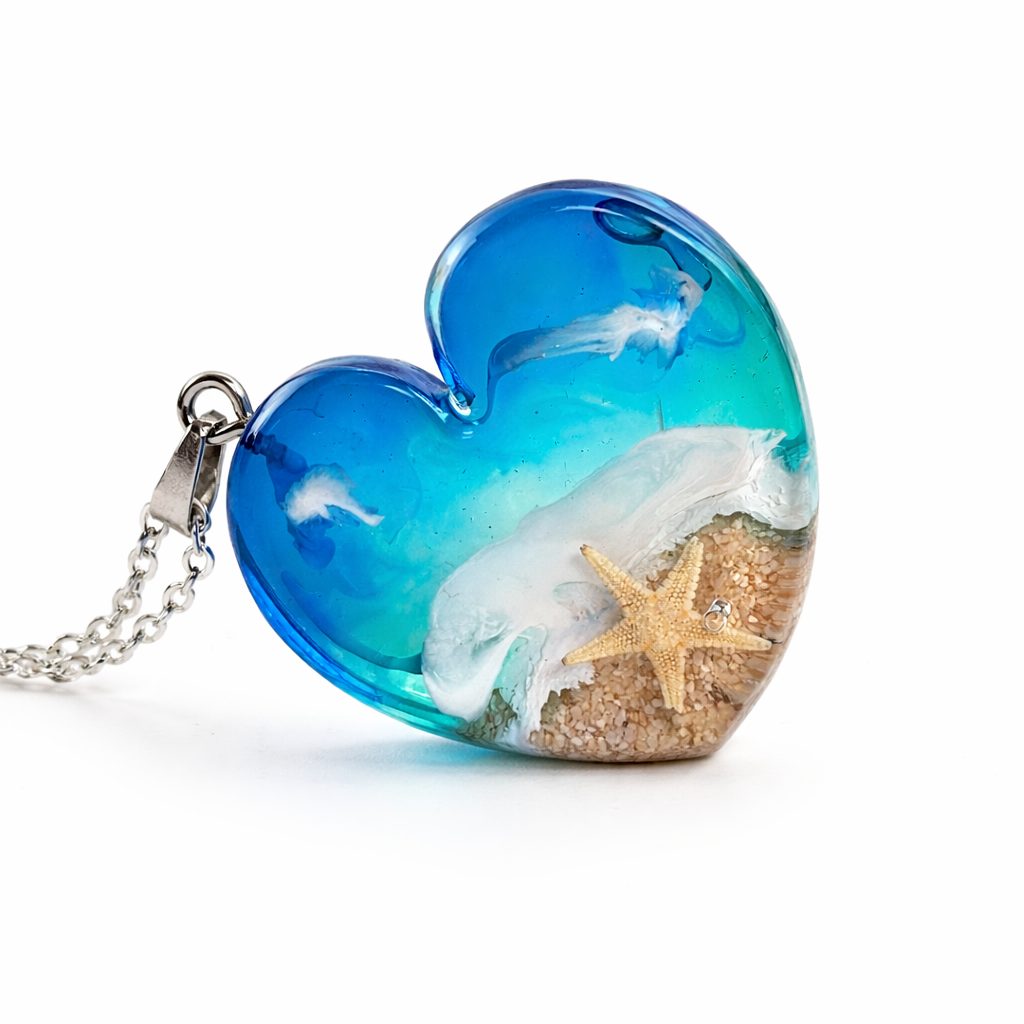 Ein herzförmiger Anhänger mit einer ganzen Ozeanwelt darin: Welle, Sand und Seestern in leuchtendem Blau und Türkis – handgegossen, einzigartig, unvergesslich. Mit versilberter Kette (46 cm) und Edelstahl-Karabiner.