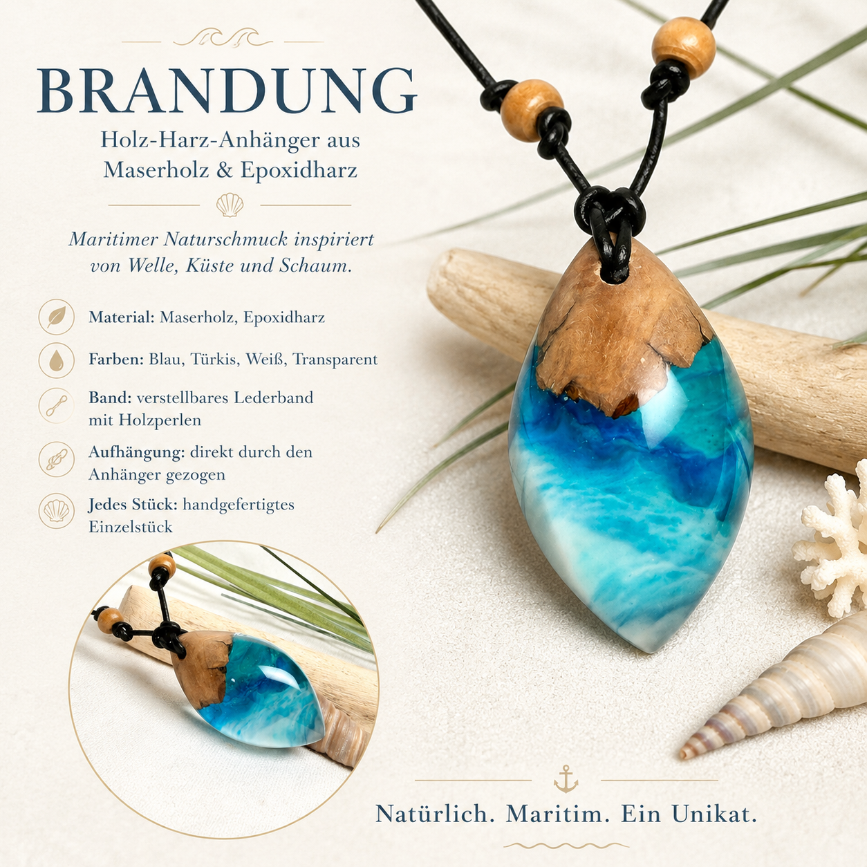 Info-Detailbild BRANDUNG – handgefertigter Holz-Harz-Anhänger aus Maserholz und Epoxidharz in Blau, Türkis, Weiß und Transparent, maritimer Naturschmuck am verstellbaren Lederband mit Holzperlen, Unikat inspiriert von Welle, Küste und Meer.