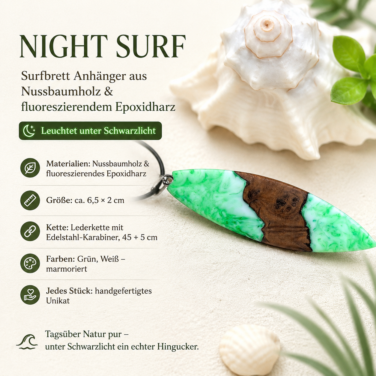 Detailbild NIGHT SURF – handgefertigter Surfbrett Anhänger aus Nussbaumholz und fluoreszierendem Epoxidharz in Grün-Weiß, maritimer Holzschmuck an Lederkette, ca. 6,5 x 2 cm, leuchtet unter UV- und Schwarzlicht, Unikat.