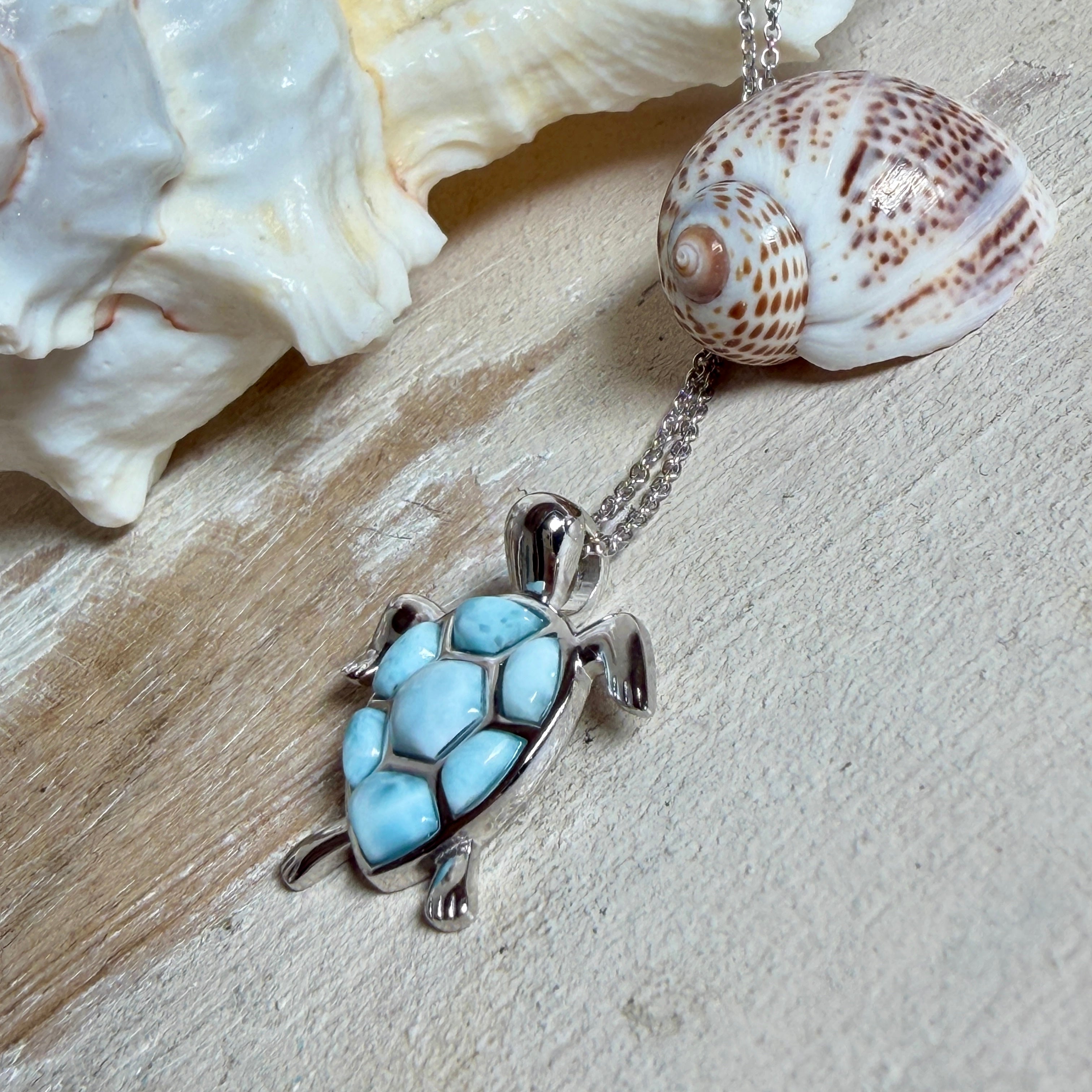 Feine Kette aus rhodiniertem 925 Silber mit Wasserschildkröten-Anhänger. Der ca. 25 x 18 mm große Anhänger zeigt eine Schildkröte, deren Panzer aus mehreren hellblauen Larimar-Inlays besteht. Seltener, kostbarer Larimar mit typischen wolkigen Strukturen, an einer ca. 45 cm langen, 1 mm starken, auf Platin rhodinierten Silberkette. Fotografiert in schwarzer Schmuckbox und vor maritimer Dekoration mit Muscheln.