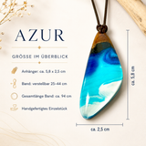 Azur Detailaufnahme – Maserholz-Übergang zu tiefblauem und türkisem Epoxidharz mit weißen Wellenstrukturen, hochglanzpoliert und handgefertigt