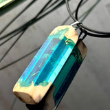 Pusteblumen Halskette aus Maserholz und türkisem Epoxidharz,  echte Löwenzahnsamen schweben im Harz sichtbar,  schwarze Lederkette, handgefertigter Naturschmuck Unisex