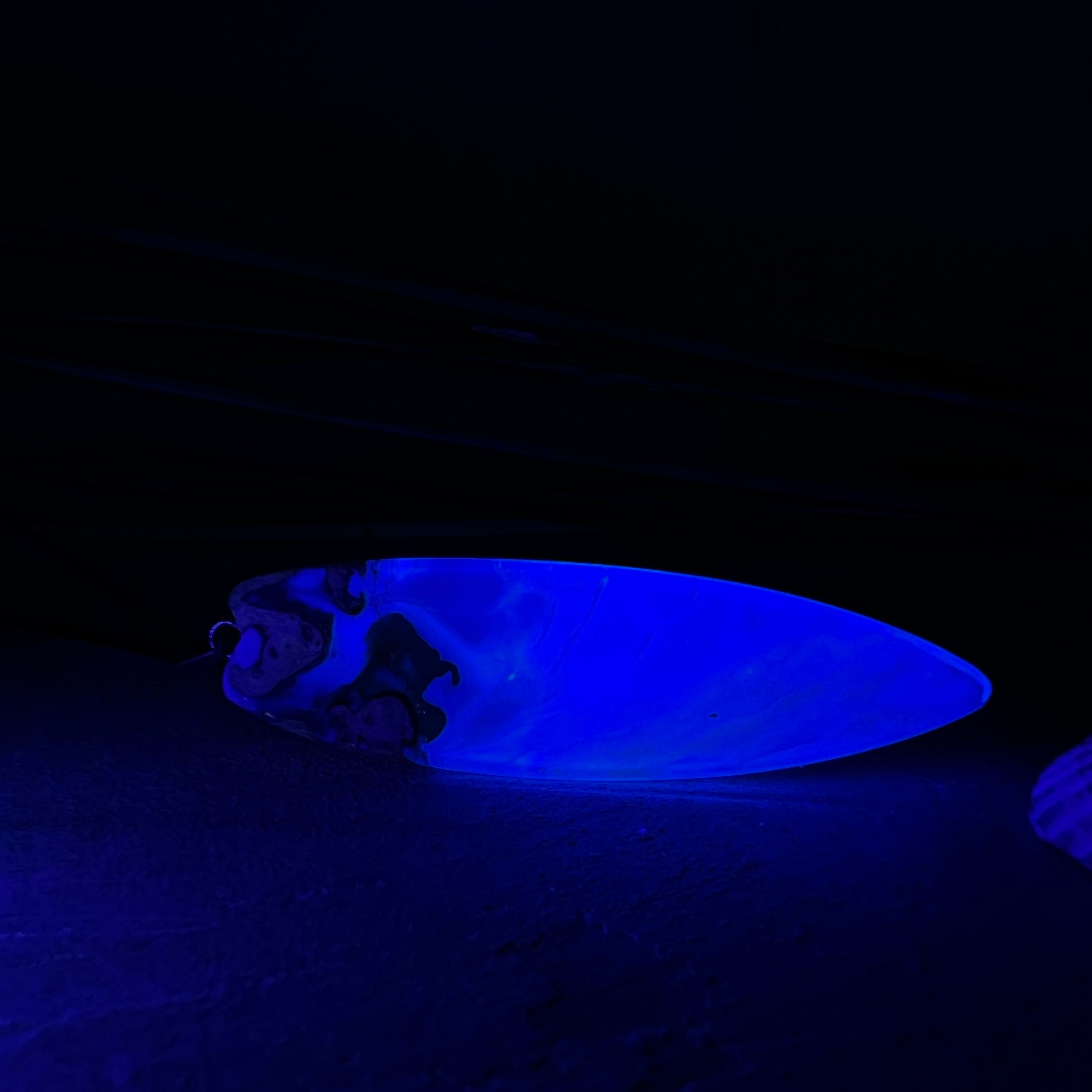 Surfbrett-Anhänger aus Maserholz und blau-weißem Epoxidharz, hochglanzpoliert, ca. 6,5 × 2 cm. An schwarzer Lederkette mit Edelstahl-Karabiner und 5-cm-Verlängerung; Edelstahl-Öse. Im Tageslicht lagunenblau, unter Schwarzlicht fluoreszierend – ideal als Party-/Festival-Schmuck. Handgefertigtes Unikat, Lieferung in edler Schmuckbox.