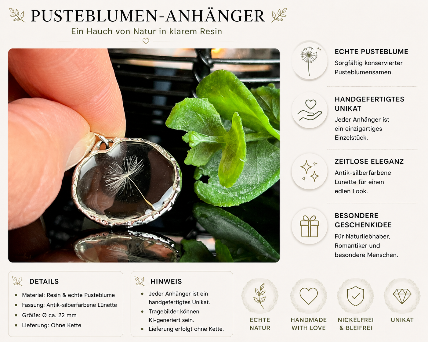 Pusteblumen-Anhänger aus Resin – handgefertigt mit echtem Samen
