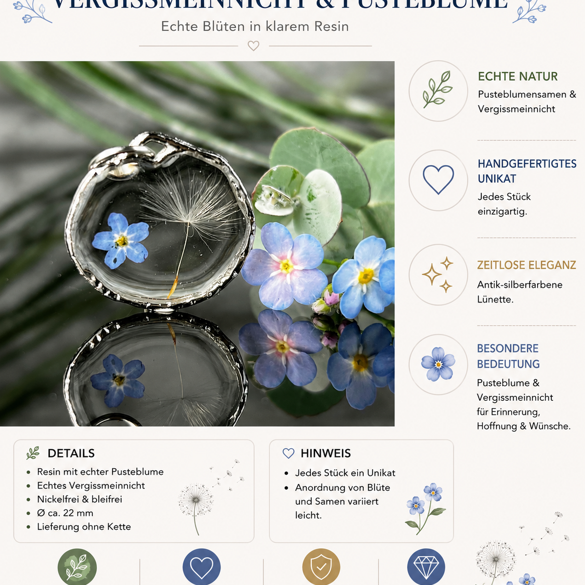 Pusteblumen & Vergissmeinnicht Anhänger – Silber