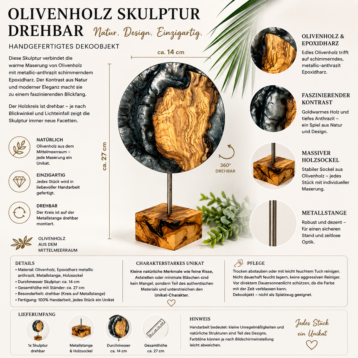 Handgefertigte drehbare Skulptur aus Olivenholz und metallic-anthrazitfarbenem Epoxidharz auf Holzsockel. Detailbild mit Größenangaben, Materialinformationen und Nahaufnahmen der einzigartigen Olivenholzmaserung. Modernes Dekoobjekt, ca. 14 cm Durchmesser und 27 cm Höhe, jedes Stück ein Unikat.