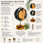Handgefertigte drehbare Skulptur aus Olivenholz und metallic-anthrazitfarbenem Epoxidharz auf Holzsockel. Detailbild mit Größenangaben, Materialinformationen und Nahaufnahmen der einzigartigen Olivenholzmaserung. Modernes Dekoobjekt, ca. 14 cm Durchmesser und 27 cm Höhe, jedes Stück ein Unikat.
