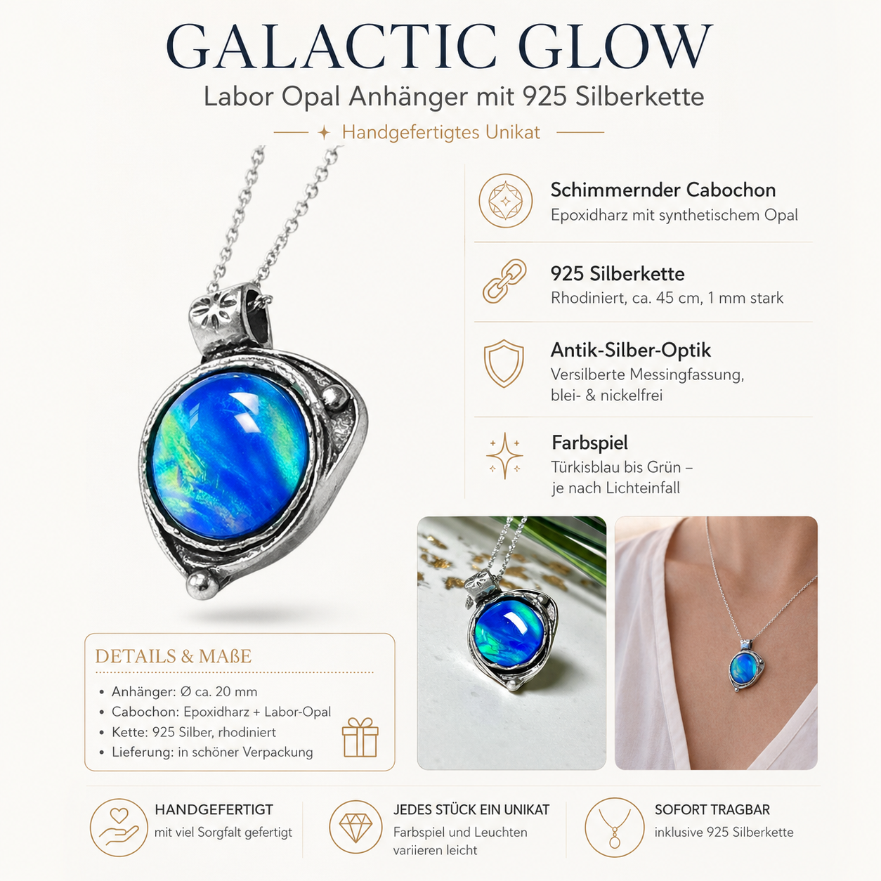 Infobild „Galactic Glow“: Labor-Opal Anhänger in Antik-Silber-Optik mit 925 Silberkette, blau-grün schimmernder Cabochon, Detailfoto, Tragebild sowie Angaben zu Material, Maßen, Farbspiel und handgefertigtem Unikat.