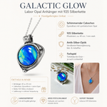 Infobild „Galactic Glow“: Labor-Opal Anhänger in Antik-Silber-Optik mit 925 Silberkette, blau-grün schimmernder Cabochon, Detailfoto, Tragebild sowie Angaben zu Material, Maßen, Farbspiel und handgefertigtem Unikat.