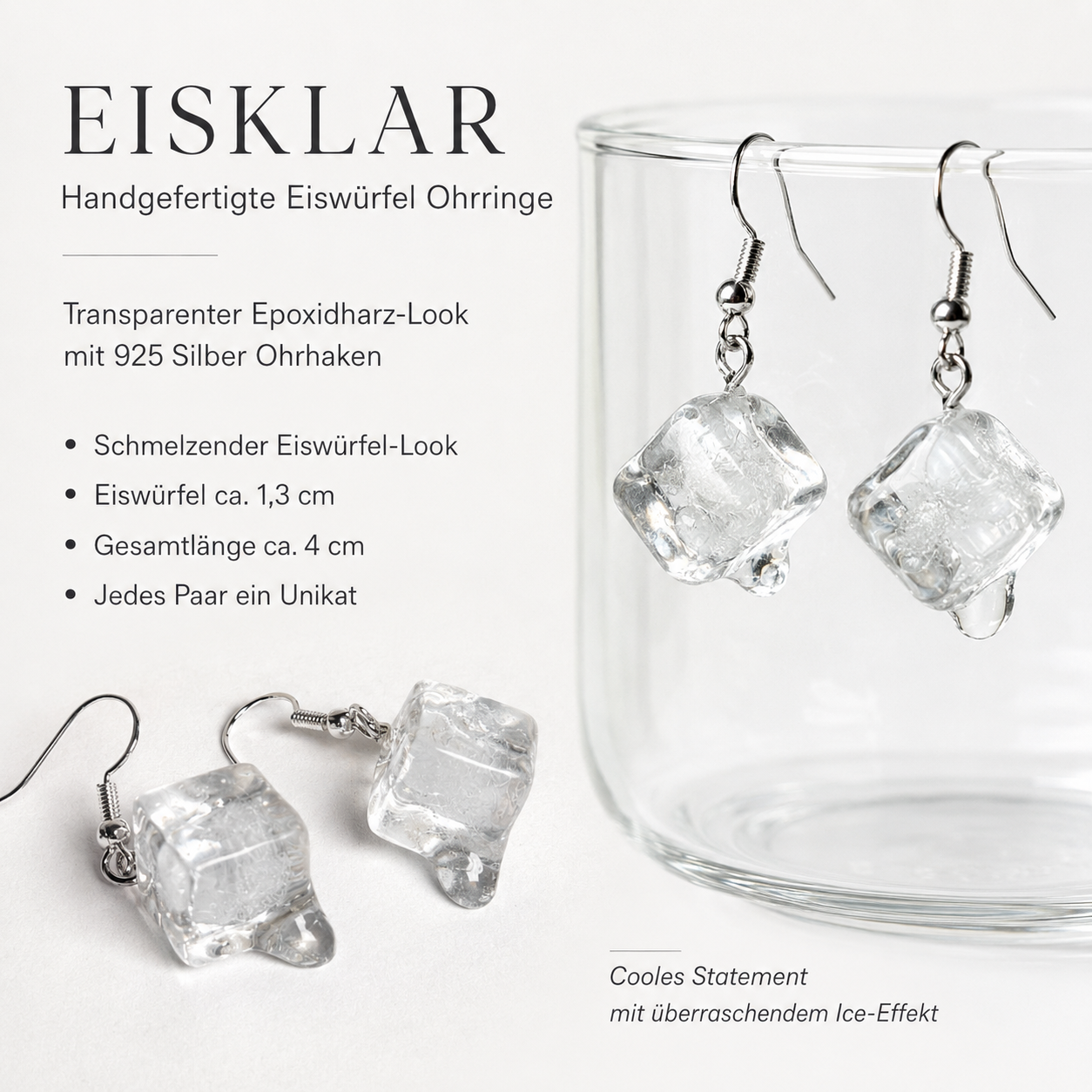 Handgefertigte EISKLAR Eiswürfel Ohrringe aus transparentem Epoxidharz mit 925 Silber Ohrhaken, schmelzender Ice-Look, leichte Statement Ohrringe mit einzigartiger Innenstruktur als originelles Schmuck Unikat.